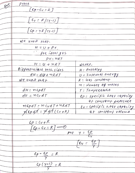 prove [cp-CV=R [cv = 8/12-1)] [cp = YR/(1-1) де кто о #ket, HEU + PV foạide91 995 je pv=nRT H=ut MRT Whene, Differenciate bot