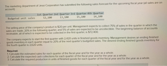 The marketing department of Jessi Corporation has submitted the following sales forecast for the upcoming fiscal year (all sa
