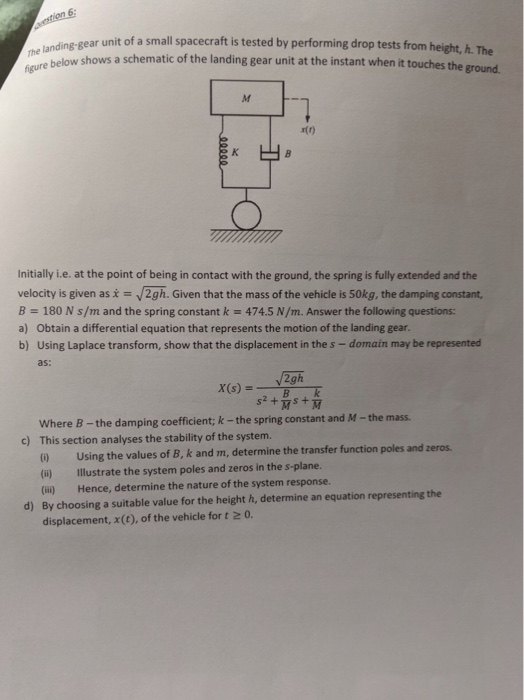 anding-gear unit of a small spacecraft is tested by performing drop tests from height, h. The the below shows a schematic of