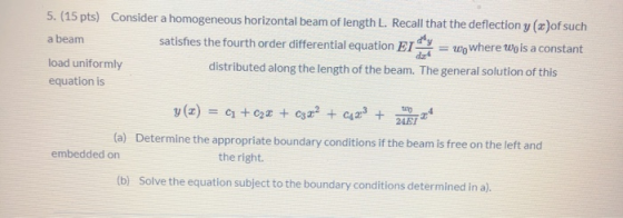 der 5. (15 pts) Consider a homogeneous horizontal beam of length L. Recall that the deflection y (x)of such a beam satisfies