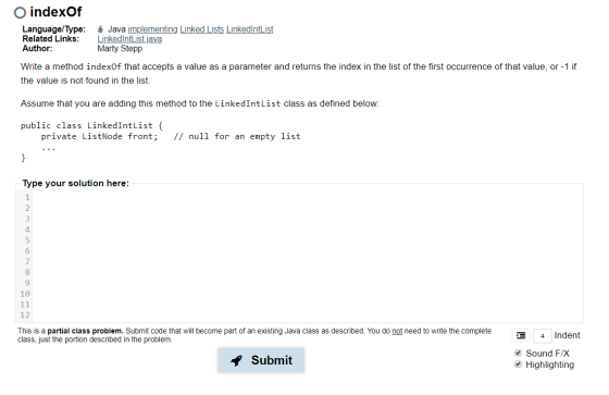 O indexOf Language/Type: Related Links: Author: Java implementing Linked Lists LinkedIntList LinkedIntList.java Marty Stepp W