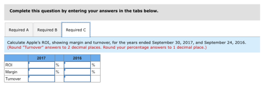 Complete this question by entering your answers in the tabs below. Required A Required B Required C Calculate Apples ROI, sh