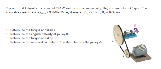 The motor at A develops a power of 280 W and turns the connected pulley at speed of w =95 rpm. The allowable shear stress is