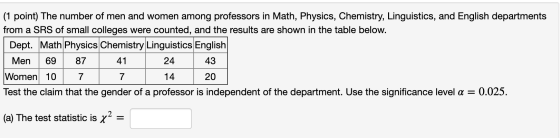 (1 point) The number of men and women among professors in Math, Physics, Chemistry, Linguistics, and English departments from