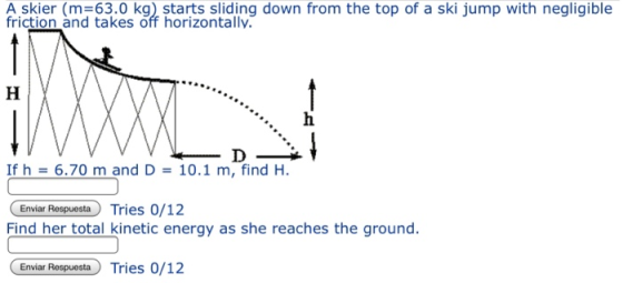 frictien ma t3kes oh itortso ntaling down from the top of a sk jump with negligible and takes off horizontally If h = 6.70 m