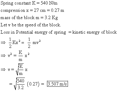 Spring constant K = 540 Nm compression x-27 cm 0.27 m mass of the block m - 32 Kg Let v be the speed of the block. Loss in Potential energy of spring = kinetic energy of block 540 3.2 (0.27)3507 m/s