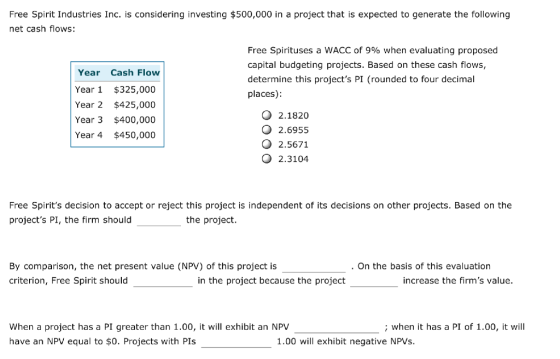 Free Spirit Industries Inc. is considering investing $500,000 in a project that is expected to generate the following net cash flows: Free Spirituses a WACC of 9% when evaluating proposed capital budgeting projects. Based on these cash flows, determine this projects PI (rounded to four decimal places): Year Cash Flow Year 1 $325,000 Year 2 $425,000 Year 3 $400,000 Year 4 $450,000 O 2.1820 O 2.6955 O 2.5671 O 2.3104 Free Spirits decision to accept or reject this project is independent of its decisions on other projects. Based on the projects PI, the firm should the project. By comparison, the net present value (NPV) of this project is criterion, Free Spirit should On the basis of this evaluation in the project because the project increase the firms value. When a project has a PI greater than 1.00, it will exhibit an NPV have an NPV equal to $0. Projects with PIs when it has a PI of 1.00, it will 1.00 wil exhibit negative NPVs.