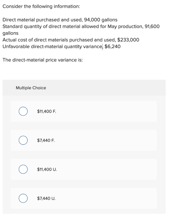 Consider the following information: Direct material purchased and used, 94,000 gallons Standard quantity of direct material a