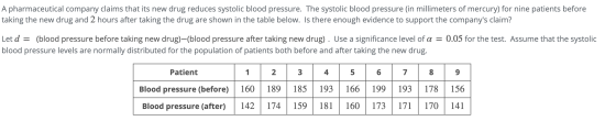 A pharmaceutical company claims that its new drug reduces systolic blood pressure. The systolic blood pressure (in millimeter