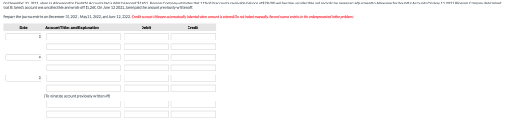 On December 31, 2021, when its Allowance for Doubtful Accounts had a debit balance of $1,451, Blossom Company estimates that