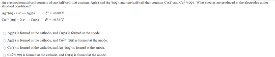 An electrochemical cell consists of one half-cell that contains Ag(s) and Ag+(aq), and one half-cell that contains Cu(s) and