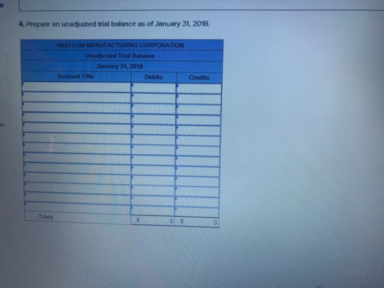 4 Prepare an unadjusted trial balance as of January 31, 2018. WHITLOW MANUFA Unadjusted Trial Balance January 31, 2018 Account Title Debits Credits Totals 0