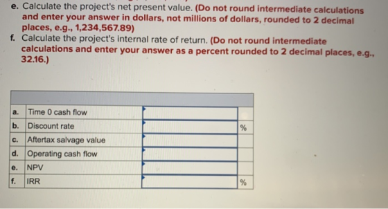 e. Calculate the projects net present value. (Do not round intermediate calculations and enter your answer in dollars, not m