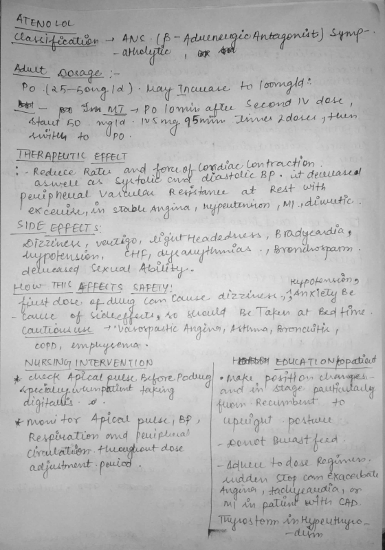 ATENO LOL classification 1 Google sea Adult Batot PO aswell as SIDE EFFECTS ANSB-Aduenecegio Antagonist) Symp. -atholytic Dos