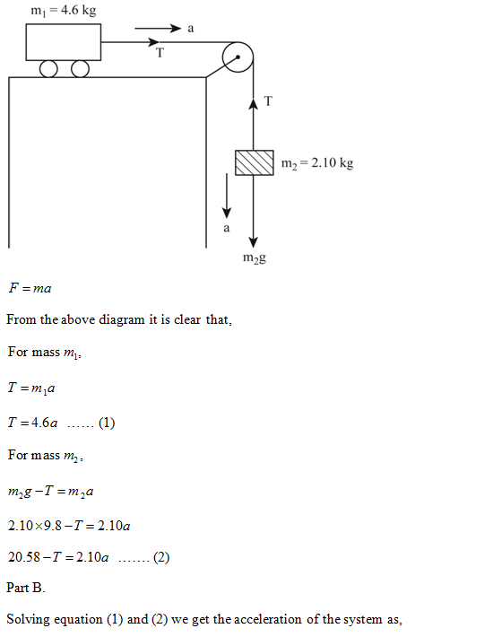 m 4.6 kg m2-2.10 kg From the above diagram it is clear that, For mass m T-mia For mass m, 2.10x9.8-T 2.10a 20.58-T-2.10a (2) Part B Solving equation (1) and (2) we get the acceleration of the system as,
