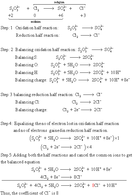 redrtiar +6 Step: 1 Oridati on half reaction : Reduction half reacti on S203-->SO;- Step: 2 Balancing oxi dati on half reacti