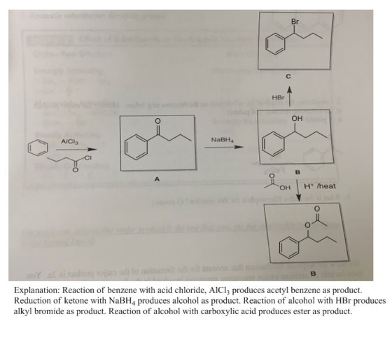 HB OH AICIS NaBH HH+ /heat Explanation: Reaction of benzene with acid chloride, AlCl3 produces acetyl benzene as product. Red