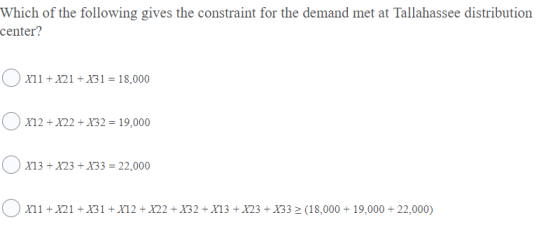 Which of the following gives the constraint for the demand met at Tallahassee distribution center? X11 + X21 + X31 = 18,000 X