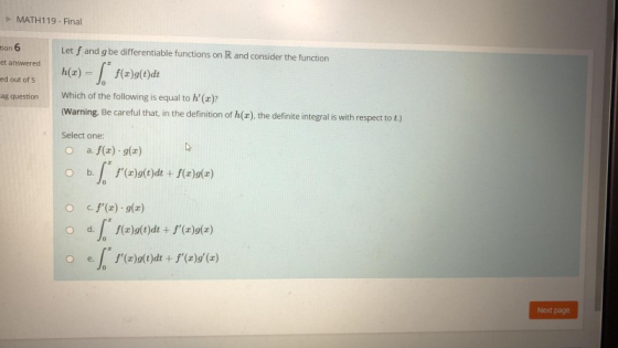 MATH119 - Final tion 6 Let f and gbe differentiable functions on R and consider the function et answered h(z) = 5 }()g()dt e