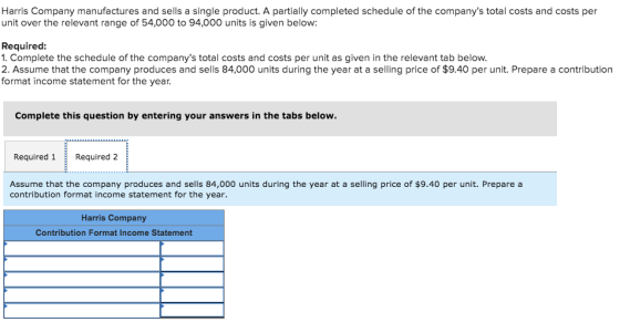 Harris Company manufactures and sells a single product. A partially completed schedule of the companys total costs and costs