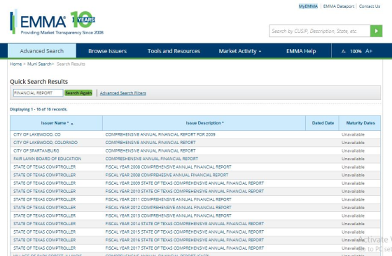 MyEMMA EMMA Dataport Contact Us EMMA Providing Market Transparency Since 2008 Search by CUSIP, Description, State, etc Advanced Search Browse Issuers Tools and Resources Market Activity EMMA Help A- 10096 A+ Home Muni Search> Search Results Quick Search Results FINANCIAL REPORT Displaying 1 16 of 16 records. Issuer Name * ▲ Issue Description* Dated Date CITY OF LAKEWOOD, CO CITY OF LAKEWOOD, COLORADO CITY OF SPARTANBURG FAIR LAWN BOARD OF EDUCATION STATE OF TEXAS COMPTROLLER STATE OF TEXAS COMPTROLLER STATE OF TEXAS COMPTROLLER STATE OF TEXAS COMPTROLLER STATE OF TEXAS COMPTROLLER STATE OF TEXAS COMPTROLLER STATE OF TEXAS COMPTROLLER STATE OF TEXAS COMPTROLLER STATE OF TEXAS COMPTROLLER STATE OF TEXAS COMPTROLLER STATE OF TEXAS COMPTROLLER COMPREHENSIVE ANNUAL FINANCIAL REPORT FOR 2009 COMPREHENSIVE ANNUAL FINANCIAL REPORT COMPREHENSIVE ANNUAL FINANCIAL REPORT COMPRESHENSIVE ANNUAL FINANCIAL REPORT FISCAL YEAR 2008 COMPREHENSIVE ANNUAL FINANCIAL REPORT FISCAL YEAR 2008 COMPREHESIVE ANNUAL FINANCIAL REPORT SCAL YEAR 2009 STATE OF TEXAS COMPREHENSIVE ANNUAL FINANCIAL REPORT ISCAL YEAR 2010 STATE OF TEXAS COMPREHENSIVE ANNUAL FINANCIAL REPORT ISCAL YEAR 2011 COMPREHENSIVE ANNUAL FINANCIAL REPORT FISCAL YEAR 2012 COMPREHENSIVE ANNUAL FINANCIAL REPORT ISCAL YEAR 2013 COMPREHENSIVE ANNUAL FINANCIAL REPORT FISCAL YEAR 2014 STATE OF TEXAS COMPREHENSIVE ANNUAL FINANCIAL REPORT FISCAL YEAR 2015 STATE OF TEXAS COMPREHENSIVE ANNUAL FINANCIAL REPORT FISCAL YEAR 2016 STATE OF TEXAS COMPREHENSIVE ANNUAL FINANCIAL REPORT SCAL YEAR 2017 STATE OF TEXAS COMPREHENSIVE ANNUAL FINANCIAL REPORT Maturity Dates Unavailable Unavailable Unavailable Unavailable Unavailable Unavailable Unavailable Unavailable Unavailable Unavailable Unavailable Unavailable Unavailable Unavail Unavailable to PQ set