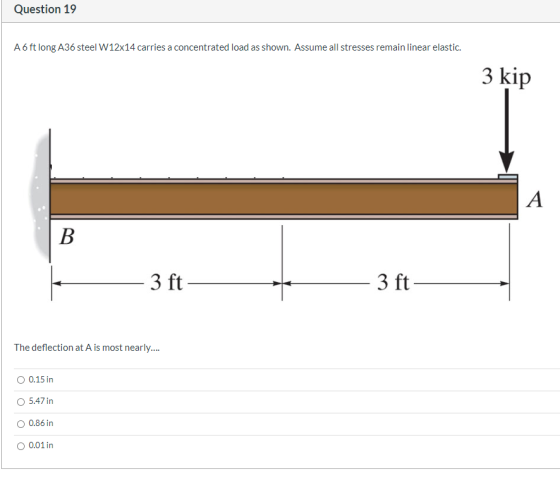 Question 19 A6 ft long A36 steel W12x14 carries a concentrated load as shown. Assume all stresses remain linear elastic. 3 ki
