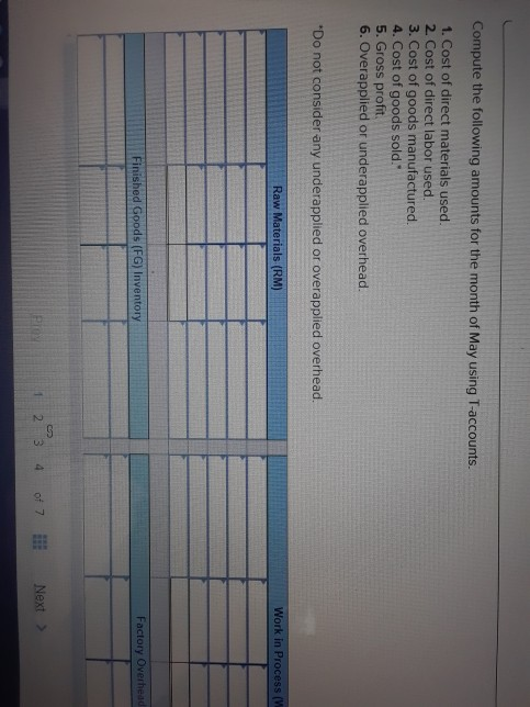 Compute the following amounts for the month of May using T-accounts. 1. Cost of direct materials used. 2. Cost of direct labo