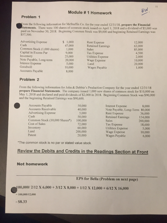 Module # 1 Homework Problem 1 rom the following information for McStuffin Co. for the year ended 12/31/18, prepare the Financial tatements. There were 100 shares of common stock issued on April 1, 2018 and a dividend of $5,000 was paid on November 30, 2018. Beginning Common Stock was $9,000 and beginning Retained Earnings was $57,500 Advertising Expense as Common Stock (1,000 shares) Capital in Excess Par Inventory Note Payable, Long-term Interest Expense Goodwill $ 1,000 47,000 1,000 9,000 25,000 20,000 5,000 10,000 8,000 Rent Expense Retained Earnings Sales Tax Expense Utilities Expense Wage Expense Land Wages Payable 12,000 63,000 85,000 4,500 2,000 10,000 20,000 1,000 Accounts Payable Problem 2 From the following information for John & Debbies Production Company for the year ended 12/31/18 prepare Financial Statements. The company issued 1,000 new shares of common stock for $10,000 on May 1, 2018 and declared and paid dividends of $2,000 in 2018. Beginning Common Stock was $90,000 and the beginning Retained Earnings was $90,600. Accounts Payable Accounts Receivable Advertising Expense Cash Common Stock (10,000 Shares*) 100,000 Cost of Sales Inventory Land Patent 50,000 40,000 5,000 50,000 Interest Expense Note Payable, Long-Term 80,000 Rent Expense Retained Earnings 134,000 Sales Tax Expense Utilities Expense Wage Expense Wages Payable 8,000 36,000 72,000 60,000 200,000 20,000 200,000 18,600 5,000 10.000 6,000 The common stock is no par or stated value stock. Review the Debits and Credits in the Readings Section at Front Not homework EPS for Bella (Problem on next page) 00,000/ 2/12 X 6,000+3/12 X 8,000+ 1/12 X 12,000 +6/12 X 16,000 100,000/12,000 $8.33