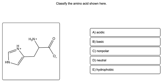 Classify the amino acid shown here. A) acidic H3N+ B) basic C) nonpolar D) neutral HN E) hydrophobic
