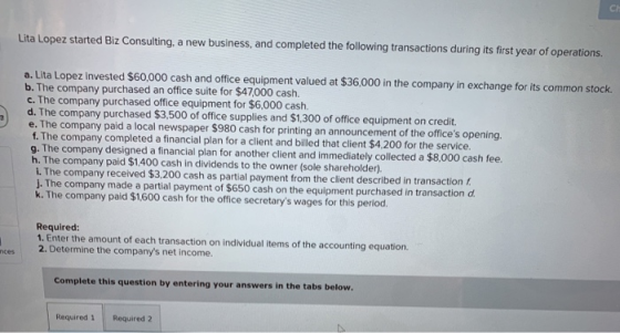 Lita Lopez started Biz Consulting, a new business, and completed the following transactions during its first year of operatio