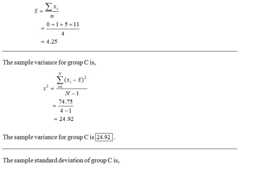 0+1511 -4.25 The sample variance for group C is, N-1 74.75 4-1 - 24.92 The sample variance for group C is 24.92 The sample standard deviation of group C is,