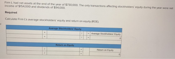 Firm L had net assets at the end of the year of $730,000. The only transactions affecting stockholders equity during the yea