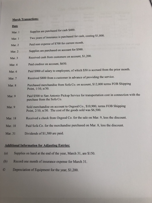 March Transactions: Date Mar. 1 Supplies are purchased for cash $400. Mar. 1 Two years of insurance is purchased for cash, co