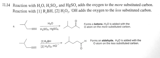 11.14 Reaction with H,O, H,SO, and H3SO, adds the oxygen to the more substituted carbon. Reaction with [1] R,BH, [2] H,O2, OH
