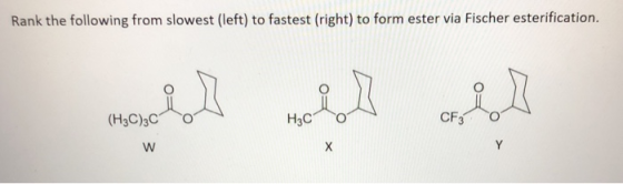 Rank the following from slowest (left) to fastest (right) to form ester via Fischer esterification. ܂ܨܝܗ ܂ ܝ ܐܛ܂