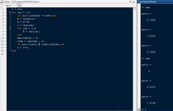 Editor D:Programs MATLAB zap.m Command Window zap.m > zap n = 500; for jay-1:4 ratio = if jay>l:oldtime time:end M randn (n);