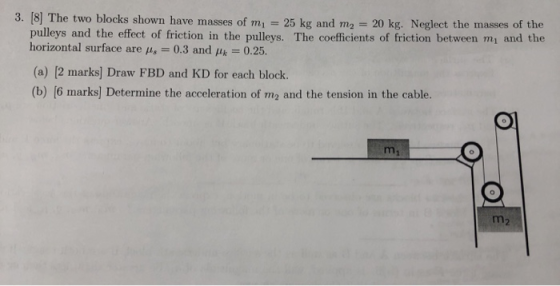 3. [8] The two blocks shown have masses of mı = 25 kg and m2 = 20 kg. Neglect the masses of the pulleys and the effect of fri