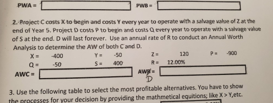 PWA = PWB = 1 2. Project C costs X to begin and costs Y every year to operate with a salvage value of Z at the end of Year 5.