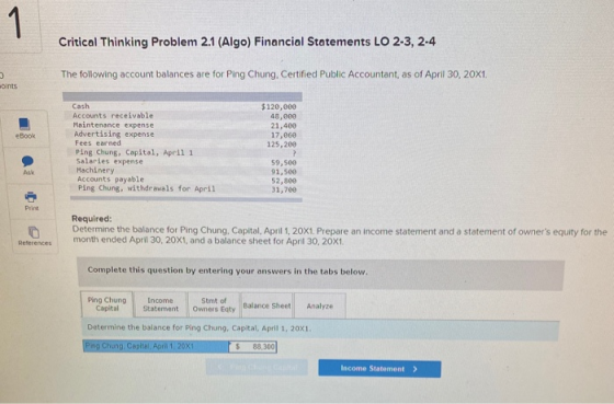 1 Critical Thinking Problem 2.1 (Algo) Financial Statements LO 2-3, 2-4 3 Onts The following account balances are for Ping Ch
