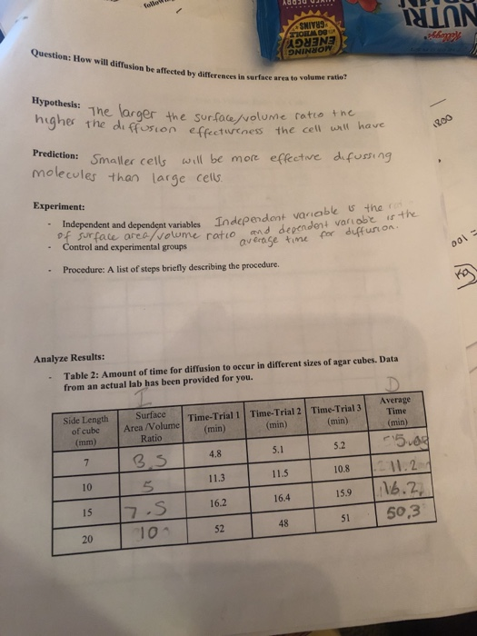 Ado NINN SNITUS OR DO ADUENE ONINDOW yok Question: How will diffusion be affected by differences in surface area to volume ra