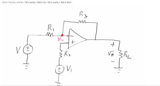 For V = 7.5 V, V1 = 3 V, R1 = 750 and R2 = 2000, R3 = 750 , and RL = 1000 , find V- lott