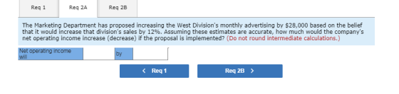 Reg 1 Req 2A Reg 2B The Marketing Department has proposed increasing the West Divisions monthly advertising by $28,000 based