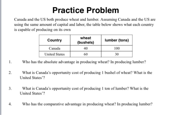 Practice Problem Canada and the US both produce wheat and lumber. Assuming Canada and the US are using the same amount of cap