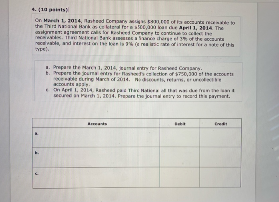 4. (10 points) On March 1, 2014, Rasheed Company assigns $800,000 of its accounts receivable to the Third National Bank as co
