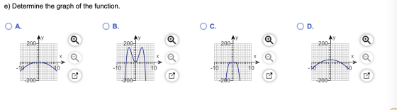 e) Determine the graph of the function. O A. B. OC. OD y 2002 200- 200- 200- х -18 -10 10 LO 10 10 -200- -200 200 -2005