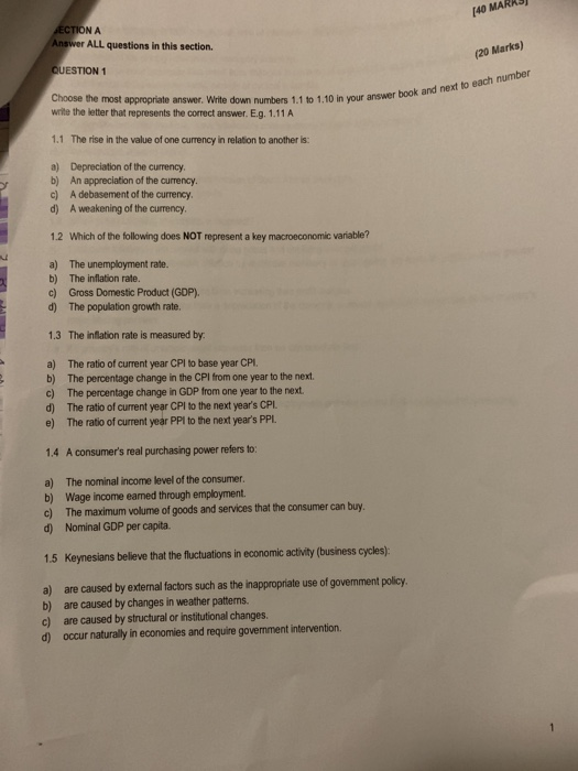 [40 MARAUT ECTION A Answer ALL questions in this section. (20 Marks) QUESTION 1 1 to 1 10 in your answer book Choose the most