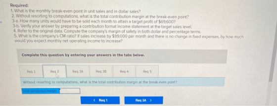 Required: 1. What is the monthly break-even point in unit sales and in dollar sales? 2. Without resorting to computations, wh