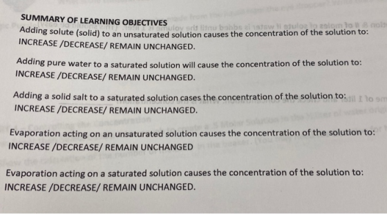 SUMMARY OF LEARNING OBJECTIVES Jo nos bas Adding solute (solid) to an unsaturate orute (solid) to an unsaturated solution cau
