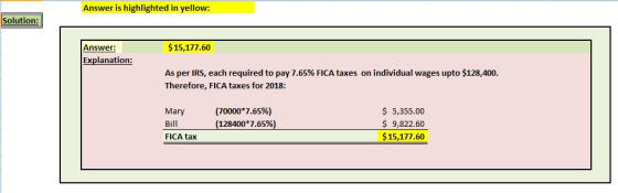 Answer is highlighted in yellow: Solution: $ 15,177.60 Answer: Explanation: As per IRS, each required to pay 7.65% FICA taxes
