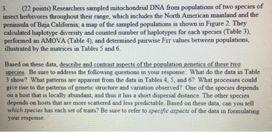 3. (22 points) Researchers sampled mitochondrial DNA from populations of two species of insect herbivores throughout their ra